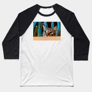 Cat Peeking Over Kitchen Table Baseball T-Shirt